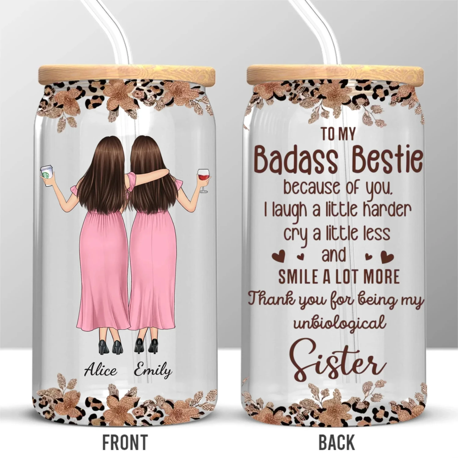 Sisters Make The Best Of Friends - Bestie Personalized Custom Glass Cup, Iced Coffee Cup - Gift For Best Friends, BFF, Sister 2 Sisters Make The Best Of Friends - Bestie Personalized Custom Glass Cup, Iced Coffee Cup - Gift For Best Friends, BFF, Sister - Image 2