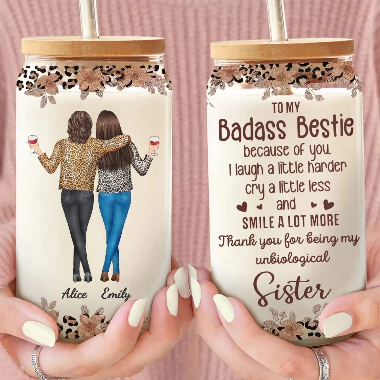 Sisters Make The Best Of Friends - Bestie Personalized Custom Glass Cup, Iced Coffee Cup - Gift For Best Friends, BFF, Sister 3 Sisters Make The Best Of Friends - Bestie Personalized Custom Glass Cup, Iced Coffee Cup - Gift For Best Friends, BFF, Sister - Image 3