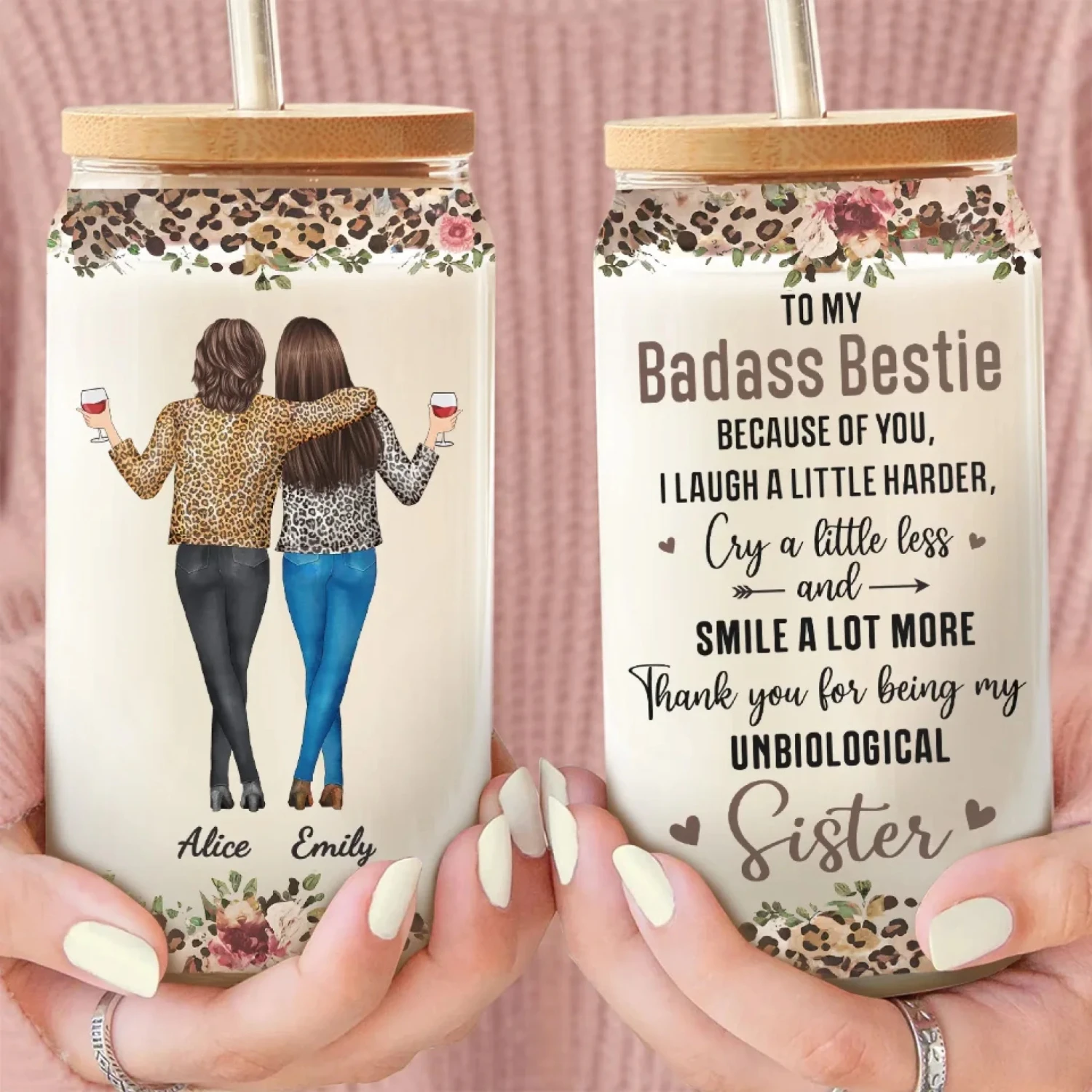 Sisterhood Is Powerful - Bestie Personalized Custom Glass Cup, Iced Coffee Cup - Gift For Best Friends, BFF, Sister 3 Sisterhood Is Powerful - Bestie Personalized Custom Glass Cup, Iced Coffee Cup - Gift For Best Friends, BFF, Sister - Image 3