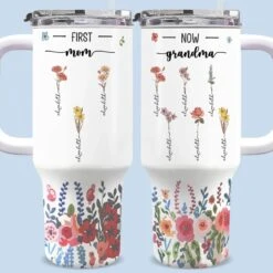 Three Generations, Blooming Together - Family Personalized Custom 40 Oz Stainless Steel Tumbler With Handle - Gift For Mom, Grandma