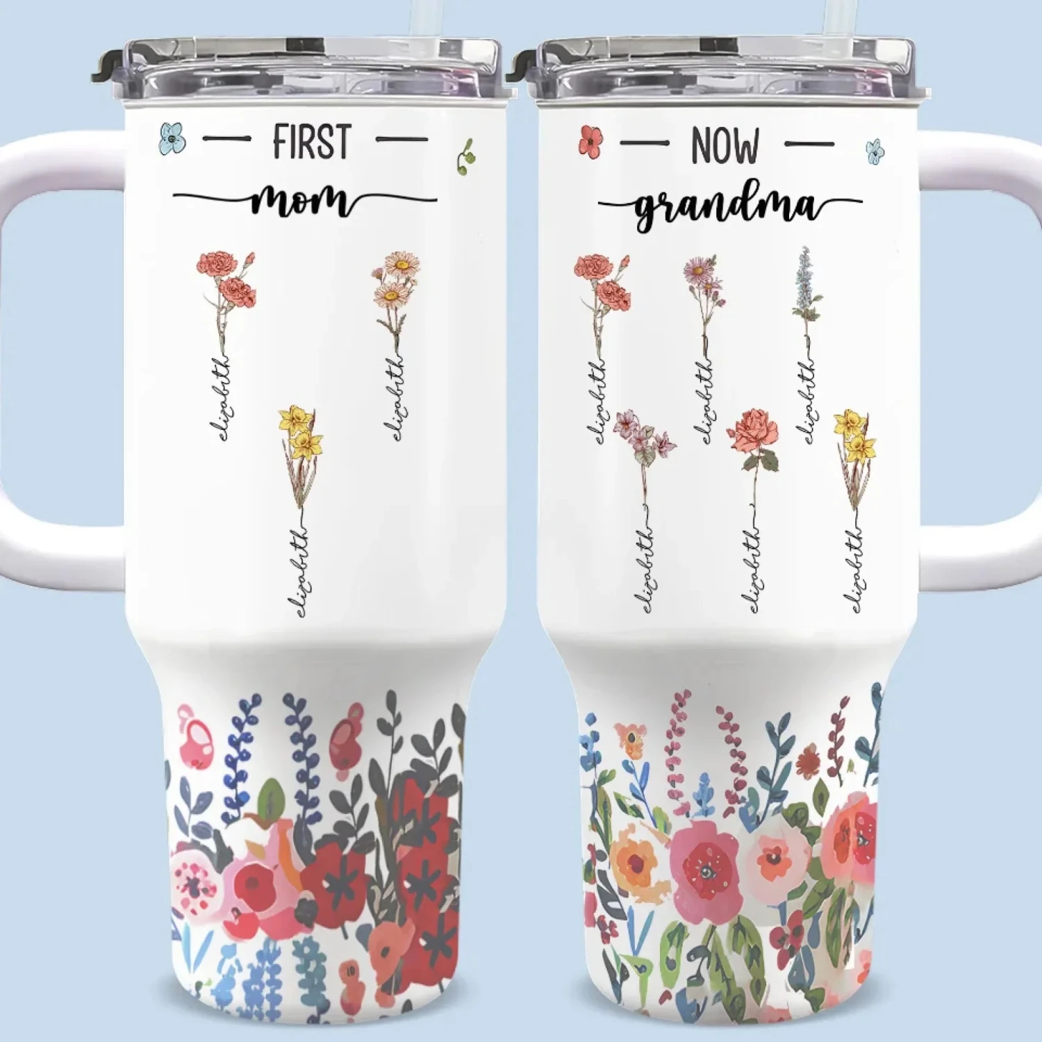 Three Generations, Blooming Together - Family Personalized Custom 40 Oz Stainless Steel Tumbler With Handle - Gift For Mom, Grandma 1 Three Generations, Blooming Together - Family Personalized Custom 40 Oz Stainless Steel Tumbler With Handle - Gift For Mom, Grandma