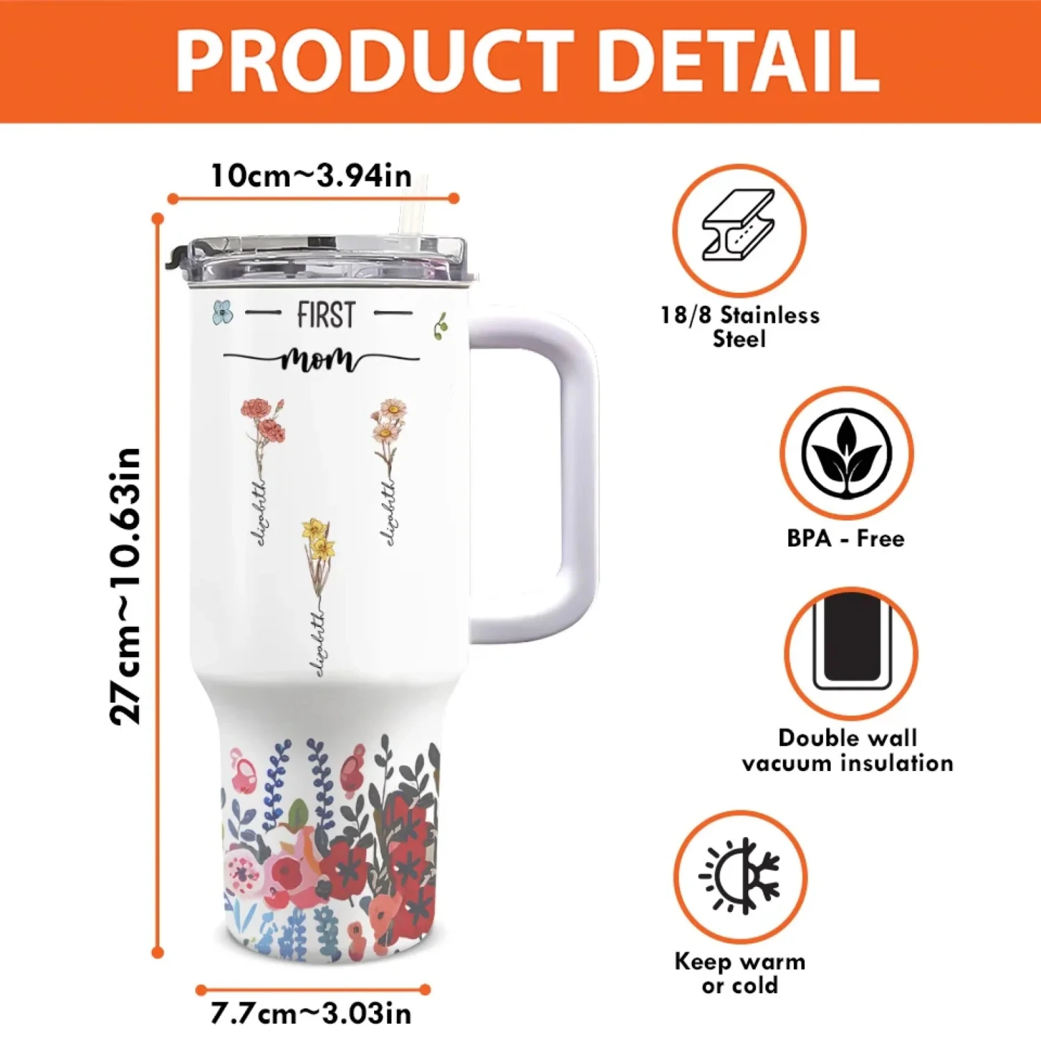 Three Generations, Blooming Together - Family Personalized Custom 40 Oz Stainless Steel Tumbler With Handle - Gift For Mom, Grandma 4 Three Generations, Blooming Together - Family Personalized Custom 40 Oz Stainless Steel Tumbler With Handle - Gift For Mom, Grandma - Image 4