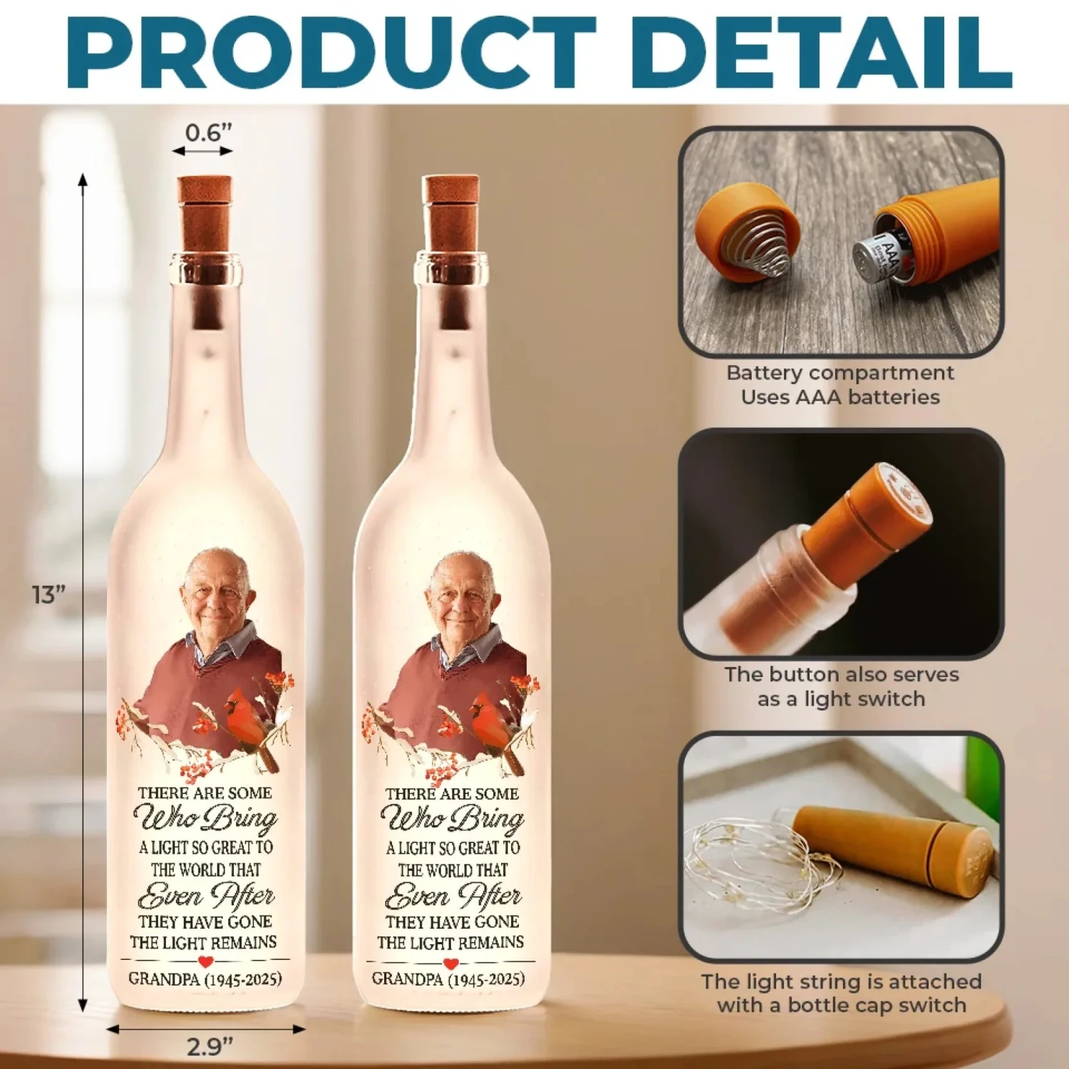 Custom Photo Always In My Heart, Never Far Away - Memorial Personalized Custom Bottle Lamp - Sympathy Gift For Family Members 5 Custom Photo Always In My Heart, Never Far Away - Memorial Personalized Custom Bottle Lamp - Sympathy Gift For Family Members - Image 5