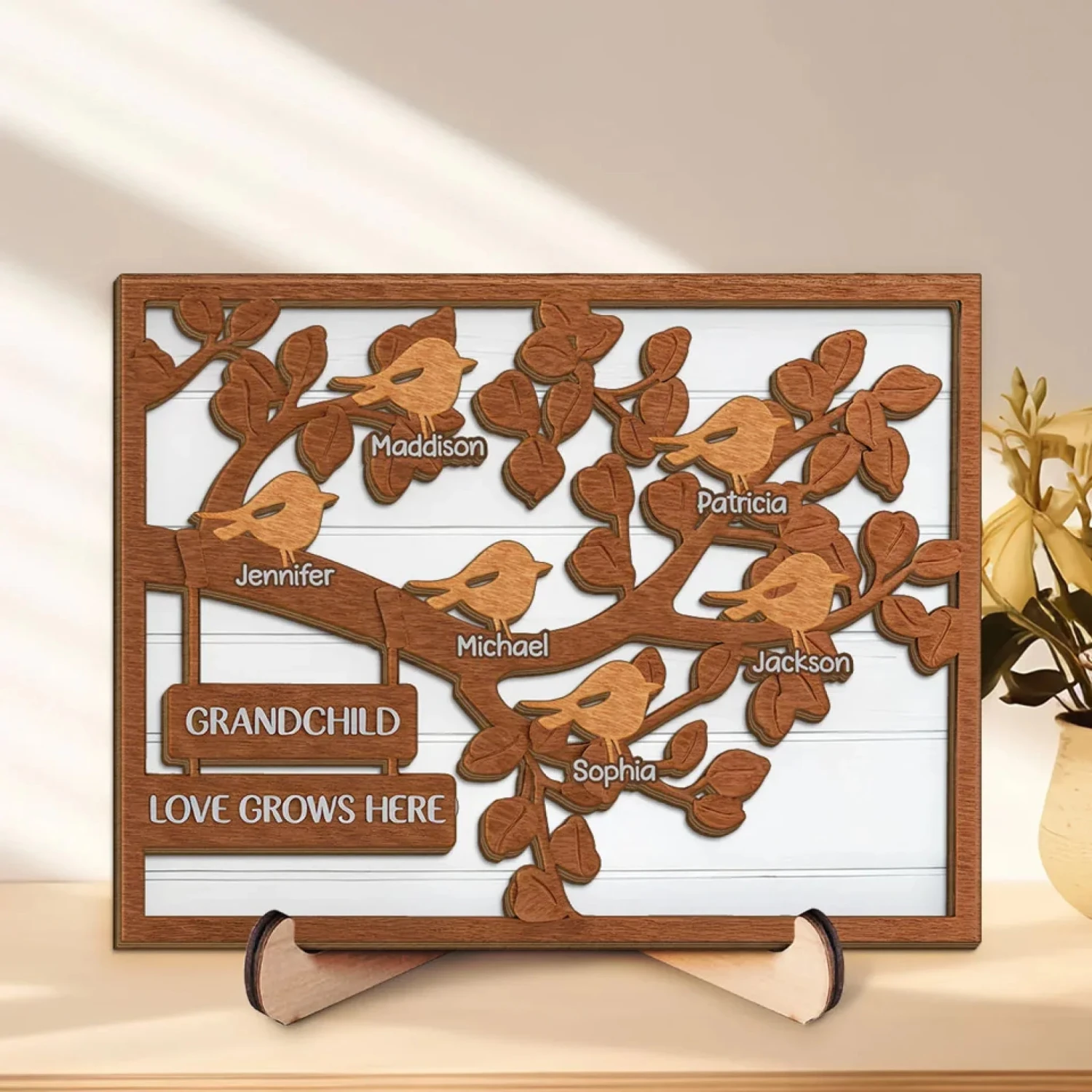 Love Knows No Bounds - Family Personalized Custom 2-Layered Wooden Plaque With Stand - Gift For Mom, Grandma 1 Love Knows No Bounds - Family Personalized Custom 2-Layered Wooden Plaque With Stand - Gift For Mom, Grandma