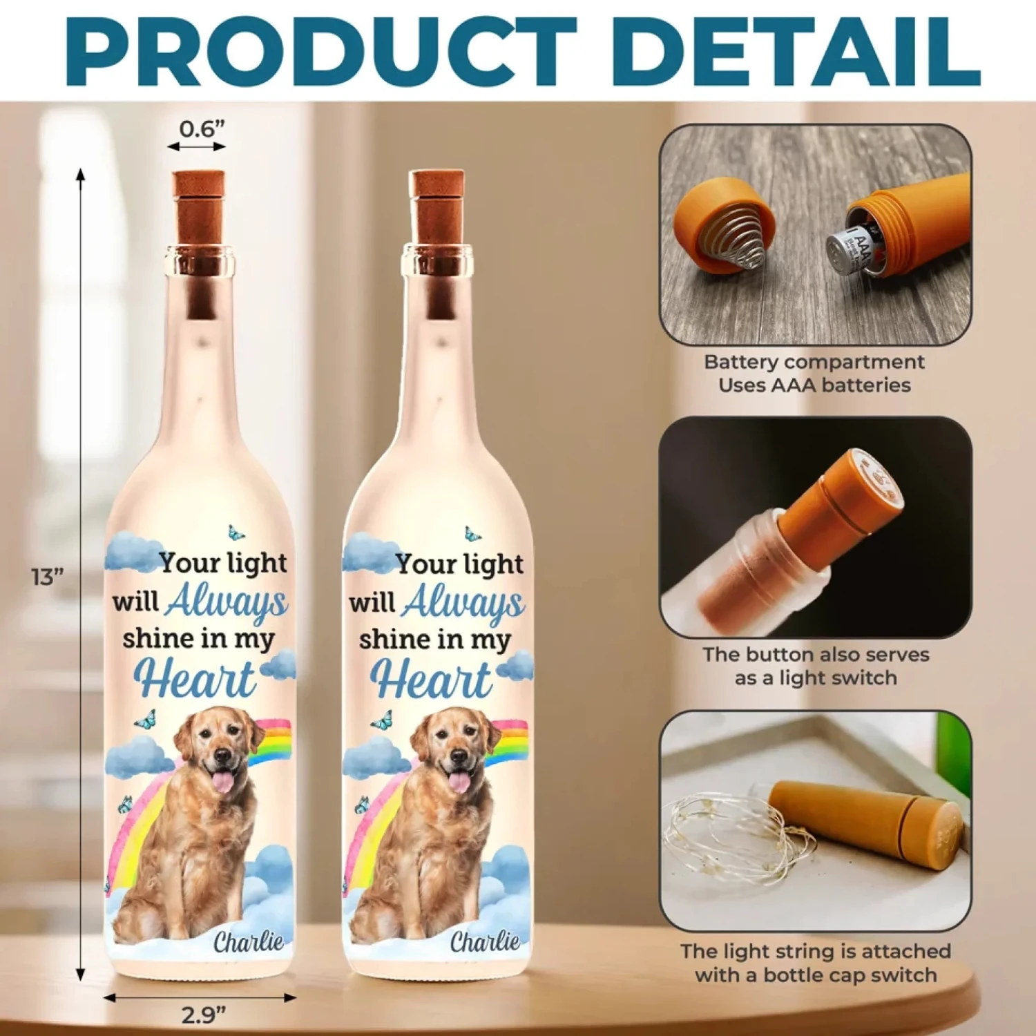 Custom Photo Your Light Will Always Shine In My Heart - Memorial Personalized Custom Bottle Lamp - Sympathy Gift For Pet Owners, Pet Lovers 5 Custom Photo Your Light Will Always Shine In My Heart - Memorial Personalized Custom Bottle Lamp - Sympathy Gift For Pet Owners, Pet Lovers - Image 5