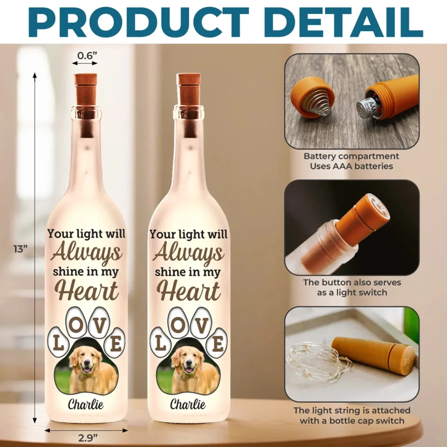 Custom Photo Your Light Will Forever Guide My Way - Memorial Personalized Custom Bottle Lamp - Sympathy Gift For Pet Owners, Pet Lovers 5 Custom Photo Your Light Will Forever Guide My Way - Memorial Personalized Custom Bottle Lamp - Sympathy Gift For Pet Owners, Pet Lovers - Image 5