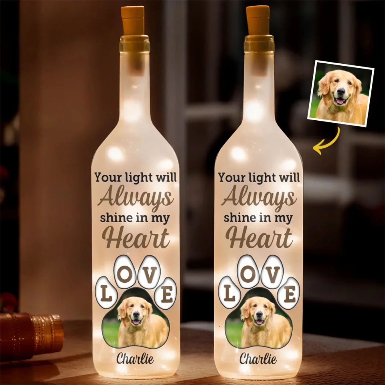 Custom Photo Your Light Will Forever Guide My Way - Memorial Personalized Custom Bottle Lamp - Sympathy Gift For Pet Owners, Pet Lovers 1 Custom Photo Your Light Will Forever Guide My Way - Memorial Personalized Custom Bottle Lamp - Sympathy Gift For Pet Owners, Pet Lovers
