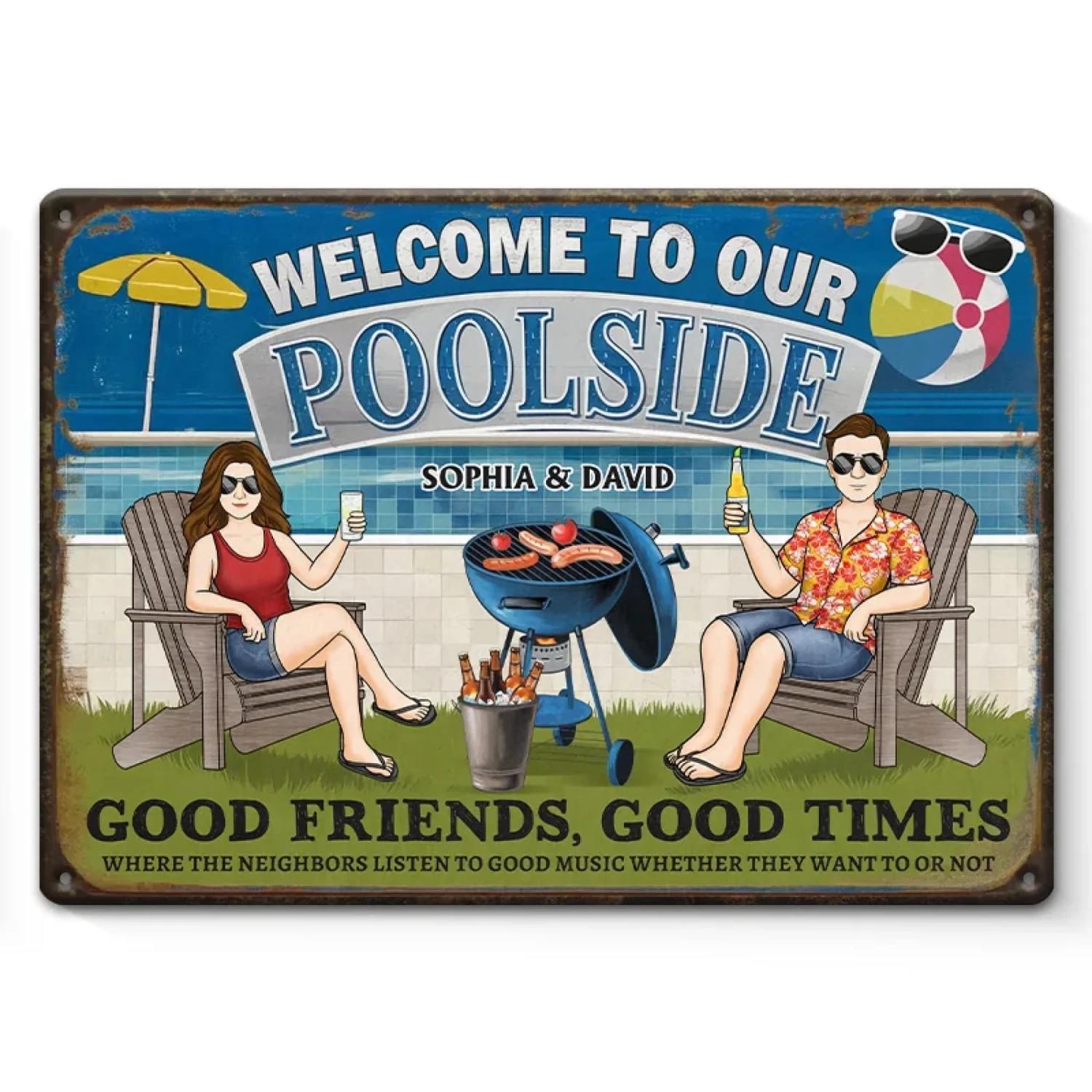 Friends, Poolside And Loud Music - Couple Personalized Custom Home Decor Metal Sign - House Warming Gift For Yourself, Husband Wife, Best Friends, Family Members 1 Friends, Poolside And Loud Music - Couple Personalized Custom Home Decor Metal Sign - House Warming Gift For Yourself, Husband Wife, Best Friends, Family Members