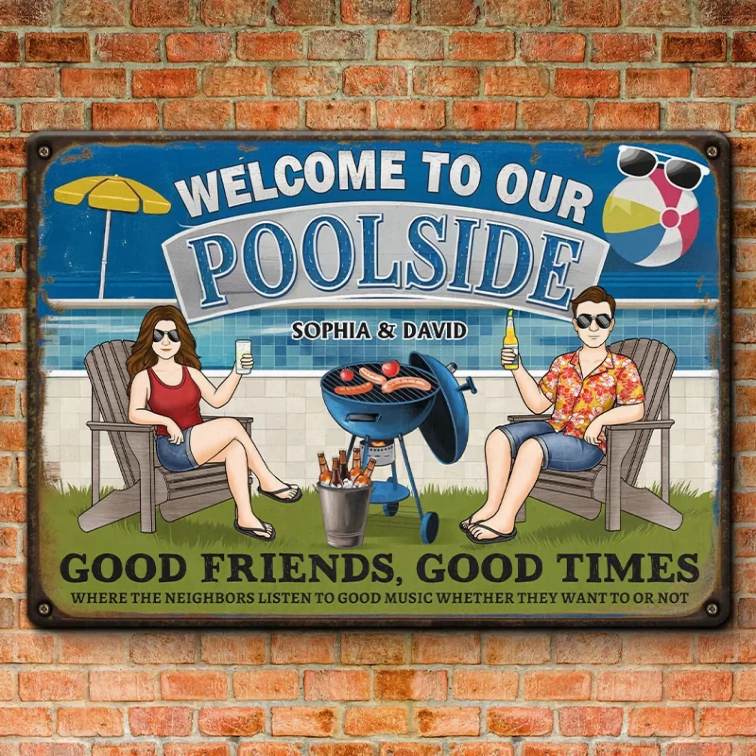 Friends, Poolside And Loud Music - Couple Personalized Custom Home Decor Metal Sign - House Warming Gift For Yourself, Husband Wife, Best Friends, Family Members 3 Friends, Poolside And Loud Music - Couple Personalized Custom Home Decor Metal Sign - House Warming Gift For Yourself, Husband Wife, Best Friends, Family Members - Image 3