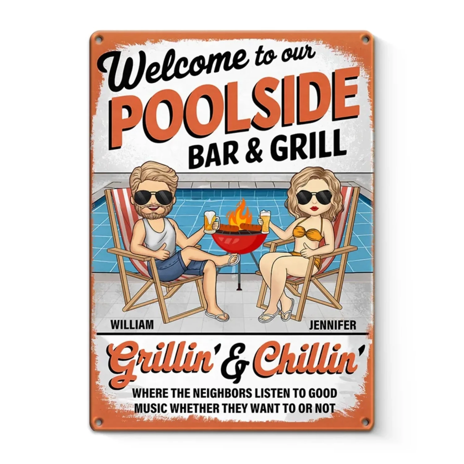 Welcome To Our Poolside - Couple Personalized Custom Home Decor Metal Sign - Gift For Yourself, Husband Wife, Best Friends, Family Members 1 Welcome To Our Poolside - Couple Personalized Custom Home Decor Metal Sign - Gift For Yourself, Husband Wife, Best Friends, Family Members