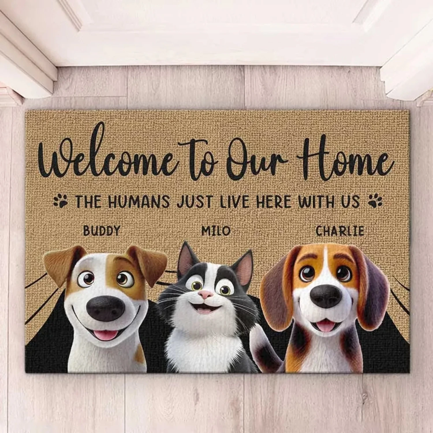 Our Home Runs On Love - Dog & Cat Personalized Custom Home Decor Decorative Mat - House Warming Gift For Pet Owners, Pet Lovers 1 Our Home Runs On Love - Dog & Cat Personalized Custom Home Decor Decorative Mat - House Warming Gift For Pet Owners, Pet Lovers