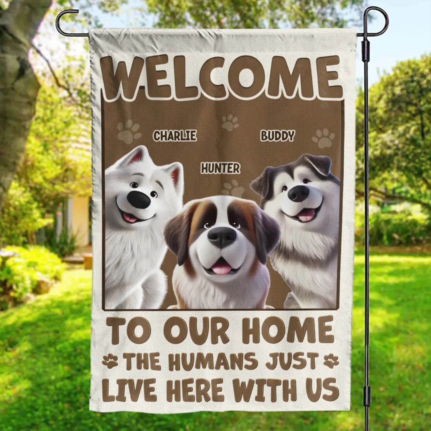 Welcome To My House, My Human Just Lives Here - Dog & Cat Personalized Custom Flag - Gift For Pet Owners, Pet Lovers 1 Welcome To My House, My Human Just Lives Here - Dog & Cat Personalized Custom Flag - Gift For Pet Owners, Pet Lovers