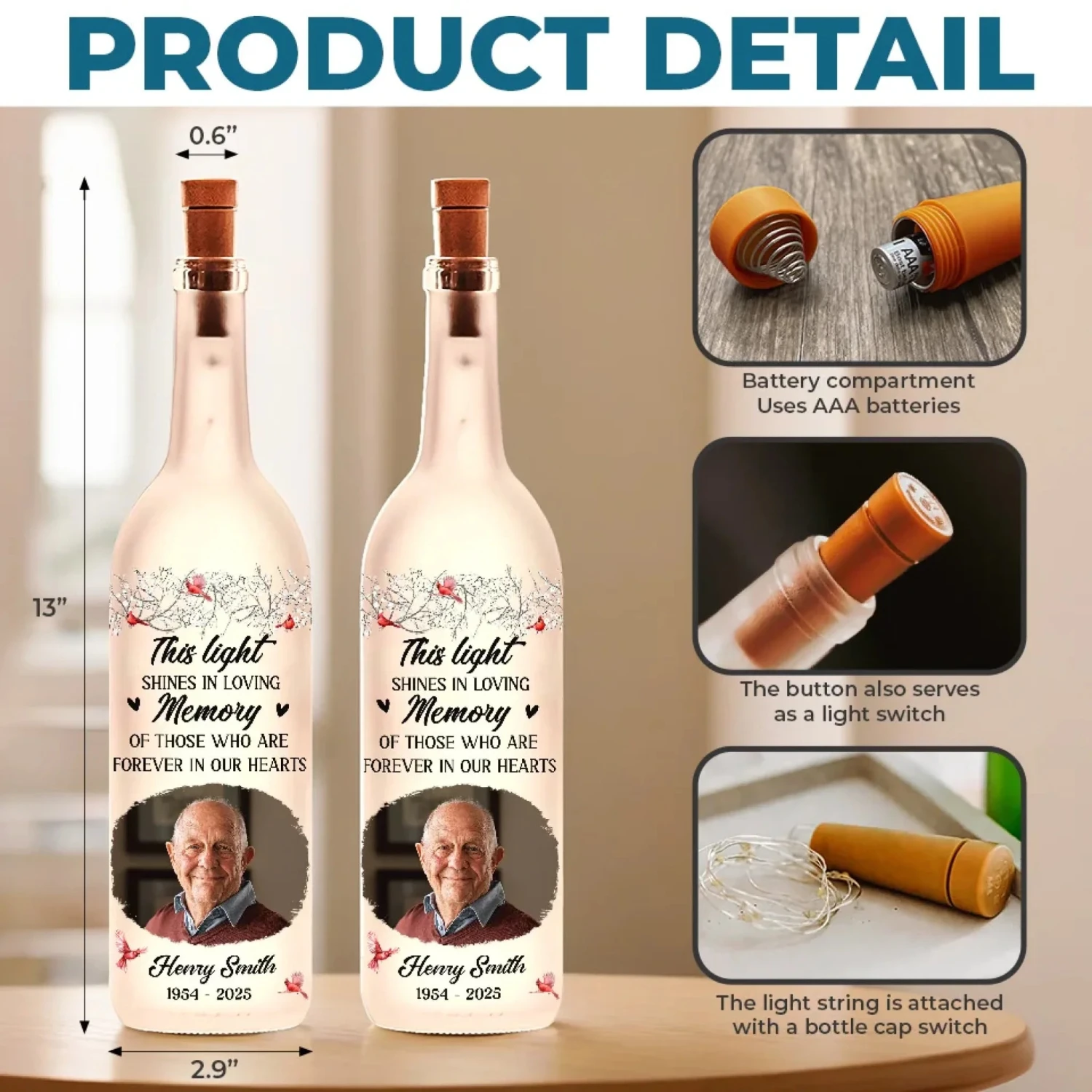 Custom Photo Time Passes, But Love Remains - Memorial Personalized Custom Bottle Lamp - Sympathy Gift For Family Members 5 Custom Photo Time Passes, But Love Remains - Memorial Personalized Custom Bottle Lamp - Sympathy Gift For Family Members - Image 5