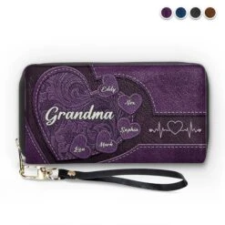 Hold My Hand, Hold My Heart - Family Personalized Custom Leather Long Wallet - Mother's Day, Gift For Mom, Grandma