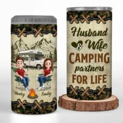 Adventure, Love, And A Campfire - Camping Personalized Custom 4 In 1 Can Cooler Tumbler - Gift For Couple, Husband Wife, Camping Lovers