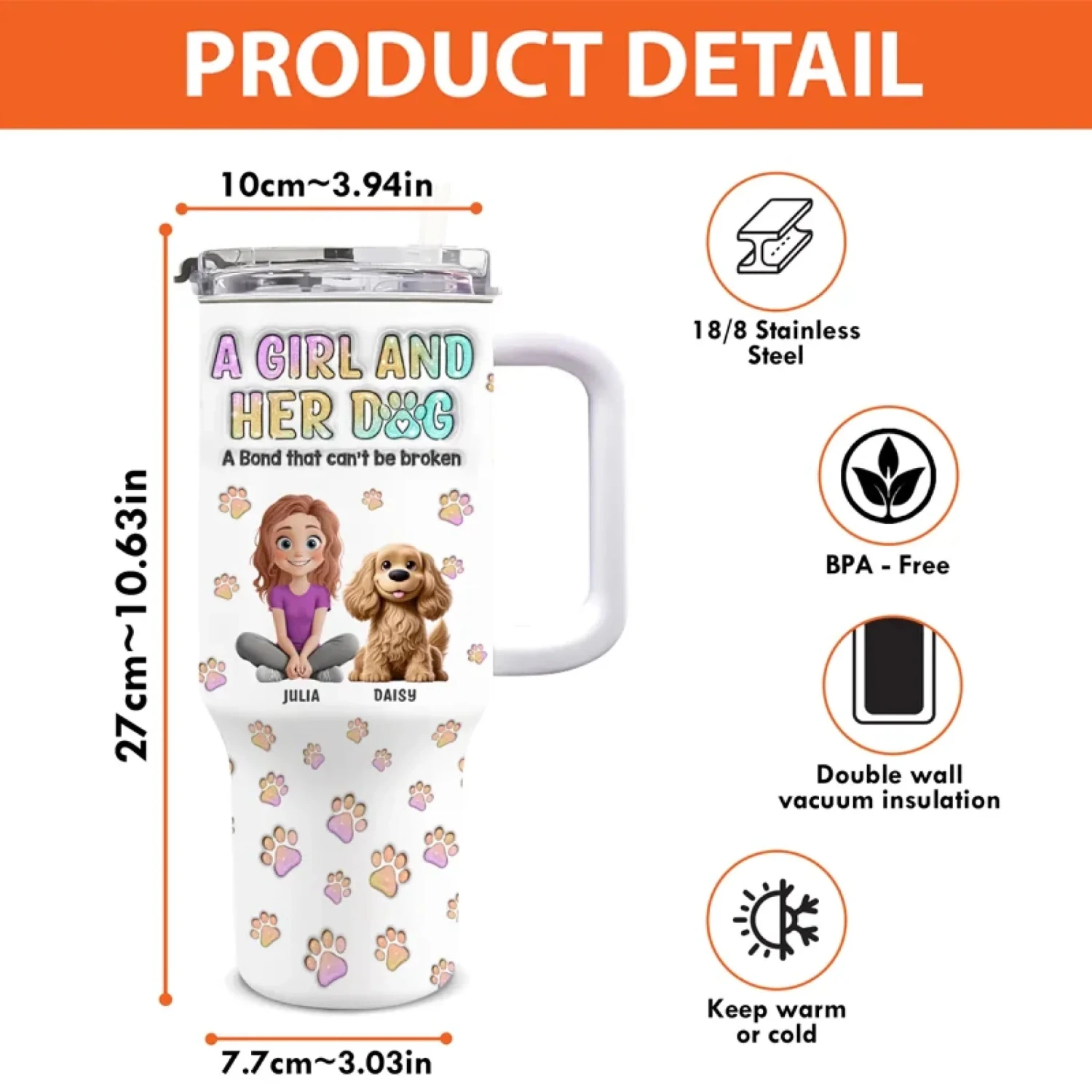 Girl’s Best Friend, Furry And True - Dog Personalized Custom 3D Inflated Effect Printed 40 Oz Stainless Steel Tumbler With Handle - Gift For Pet Owners, Pet Lovers 4 Girl’s Best Friend, Furry And True - Dog Personalized Custom 3D Inflated Effect Printed 40 Oz Stainless Steel Tumbler With Handle - Gift For Pet Owners, Pet Lovers - Image 4