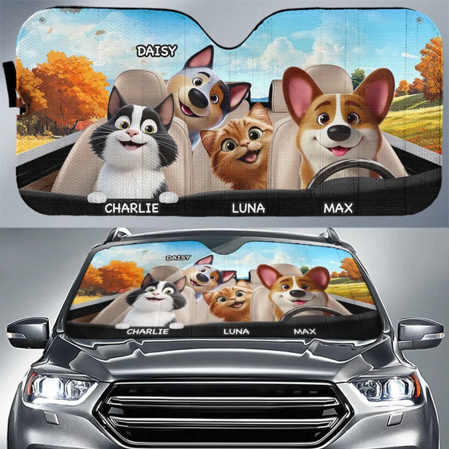 Paws On Board, Fun Ahead - Dog & Cat Personalized Custom Auto Windshield Sunshade, Car Window Protector - Gift For Pet Owners, Pet Lovers 1 Paws On Board, Fun Ahead - Dog & Cat Personalized Custom Auto Windshield Sunshade, Car Window Protector - Gift For Pet Owners, Pet Lovers
