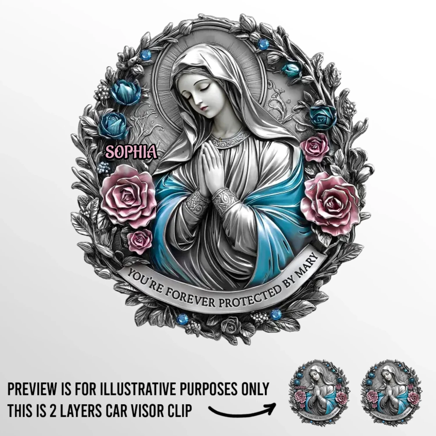 You're Forever Protected By Mary - Memorial Personalized Custom Car Visor Clip - Sympathy Gift For Family Members 2 You're Forever Protected By Mary - Memorial Personalized Custom Car Visor Clip - Sympathy Gift For Family Members - Image 2