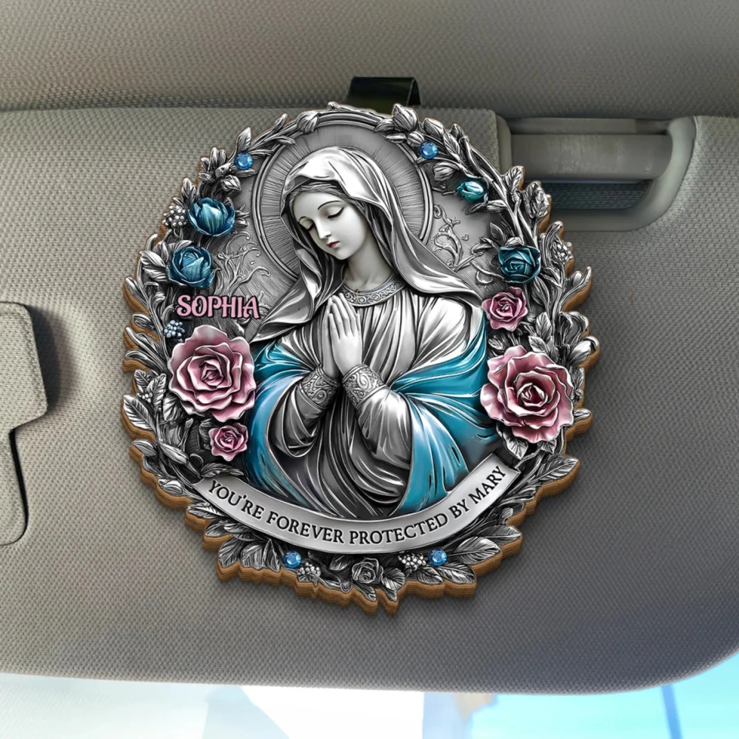 You're Forever Protected By Mary - Memorial Personalized Custom Car Visor Clip - Sympathy Gift For Family Members 1 You're Forever Protected By Mary - Memorial Personalized Custom Car Visor Clip - Sympathy Gift For Family Members