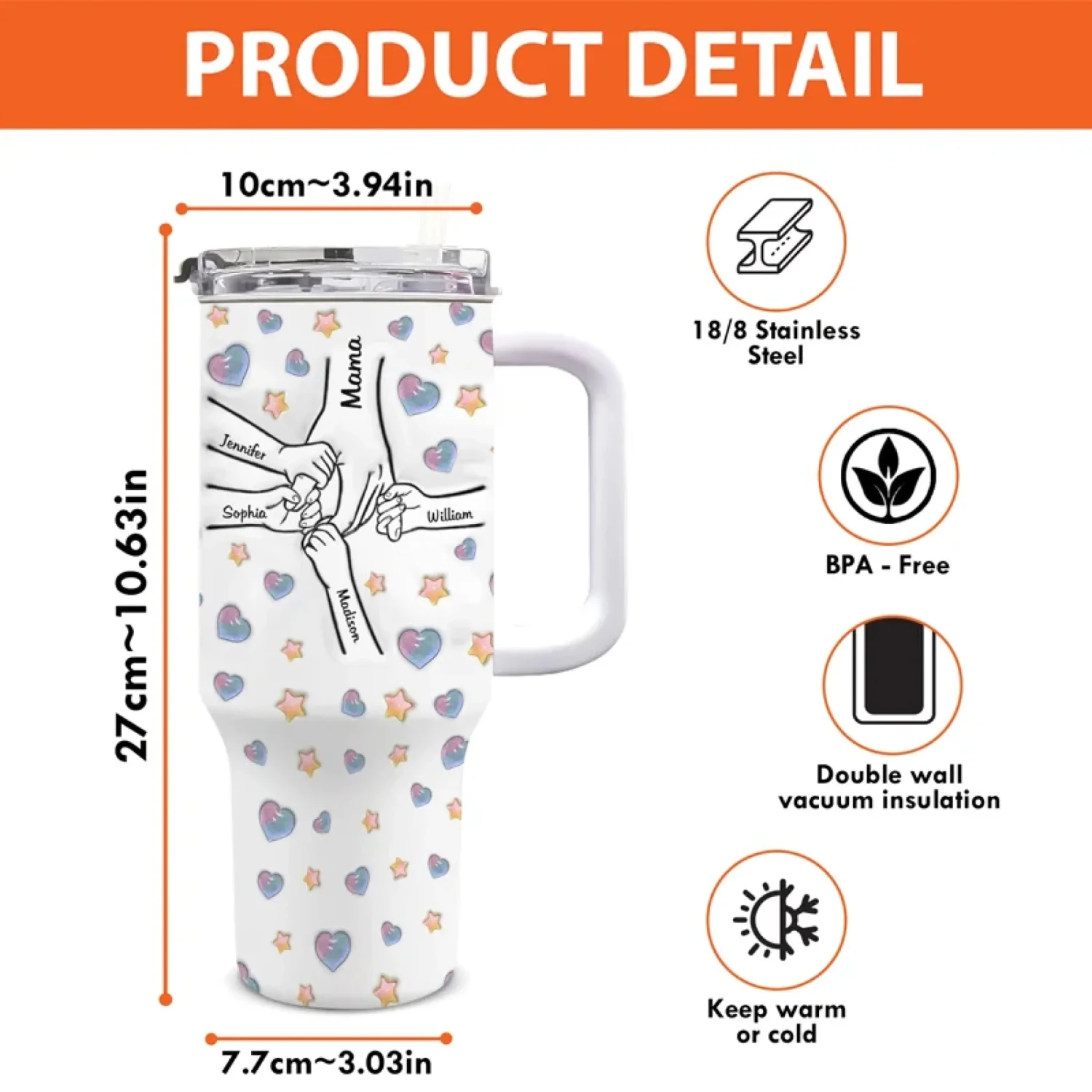 Holding Hands, Holding Hearts - Family Personalized Custom 3D Inflated Effect Printed 40 Oz Stainless Steel Tumbler With Handle - Mother's Day, Gift For Mom, Grandma 4 Holding Hands, Holding Hearts - Family Personalized Custom 3D Inflated Effect Printed 40 Oz Stainless Steel Tumbler With Handle - Mother's Day, Gift For Mom, Grandma - Image 4