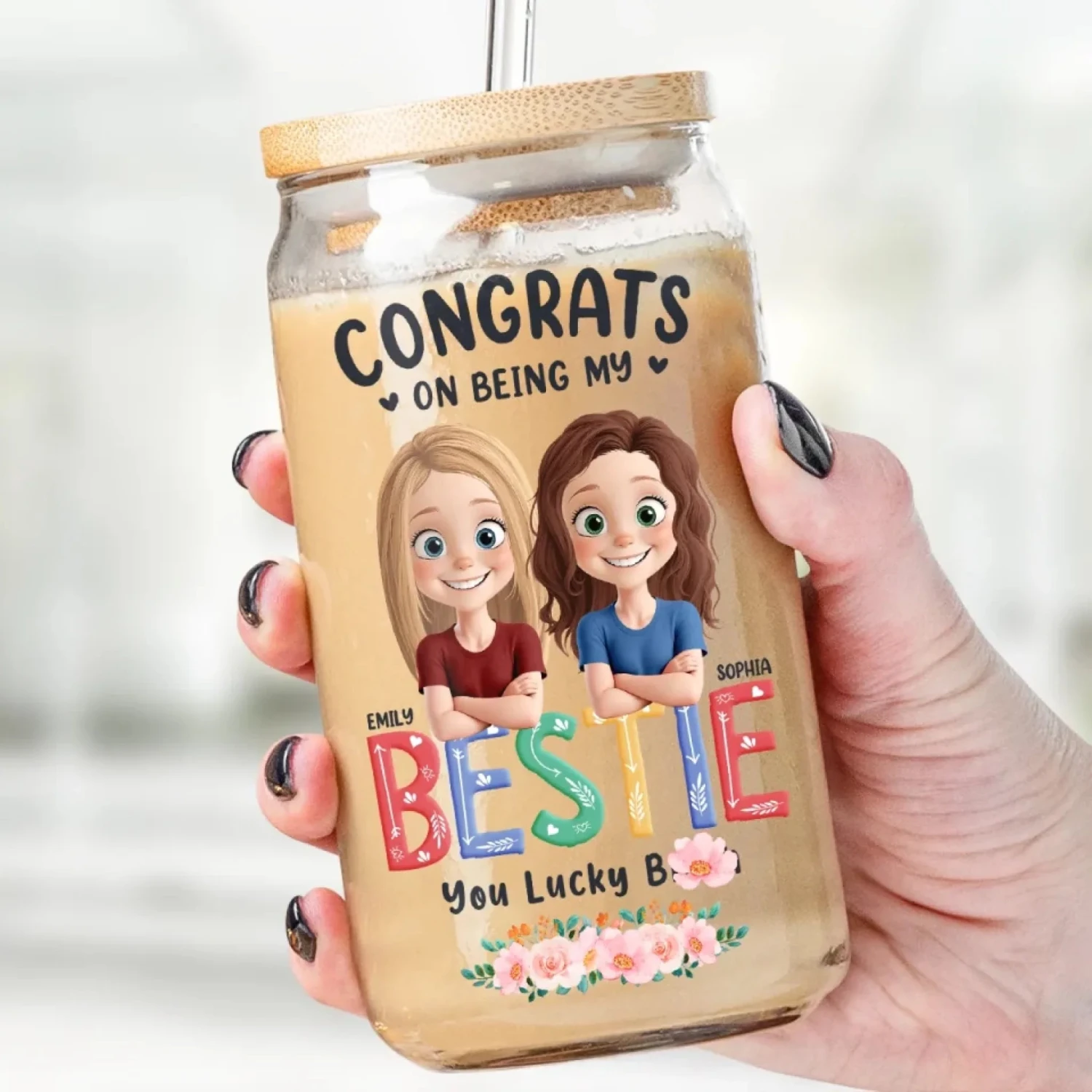 Sister Makes Life Sparkle - Bestie Personalized Custom Glass Cup, Iced Coffee Cup - Gift For Best Friends, BFF, Sisters 1 Sister Makes Life Sparkle - Bestie Personalized Custom Glass Cup, Iced Coffee Cup - Gift For Best Friends, BFF, Sisters