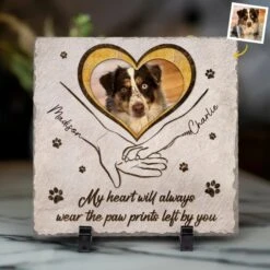 Custom Photo The Paw Prints You Left Will Stay Forever - Memorial Personalized Custom Square Shaped Stone With Stand - Sympathy Gift For Pet Owners, Pet Lovers