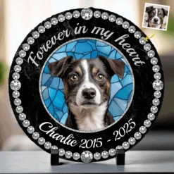 Custom Photo Cherished Forever, Loved Always - Memorial Personalized Custom Round Shaped Stone With Stand - Sympathy Gift For Pet Owners, Pet Lovers