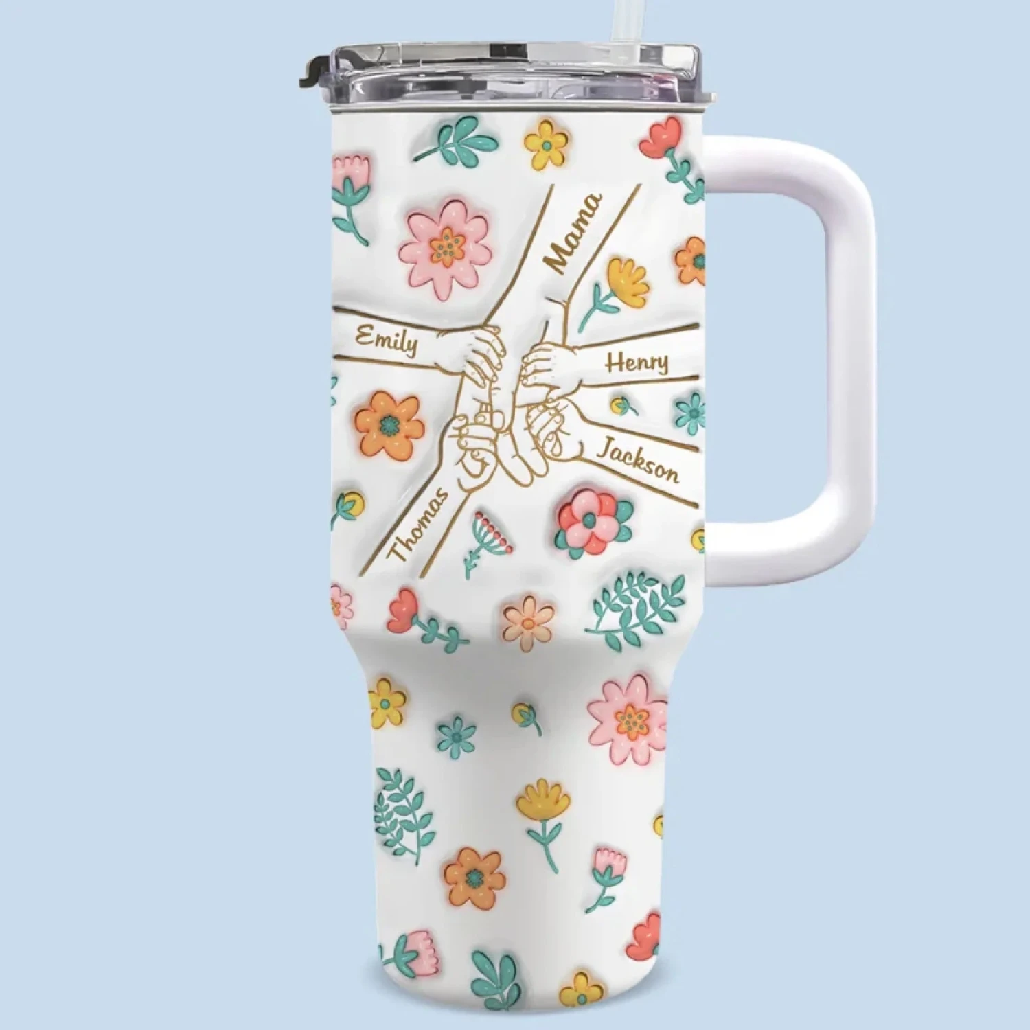 Holding Love, One Sip At A Time - Family Personalized Custom 3D Inflated Effect Printed 40 Oz Stainless Steel Tumbler With Handle - Mother's Day, Gift For Mom, Grandma 1 Holding Love, One Sip At A Time - Family Personalized Custom 3D Inflated Effect Printed 40 Oz Stainless Steel Tumbler With Handle - Mother's Day, Gift For Mom, Grandma