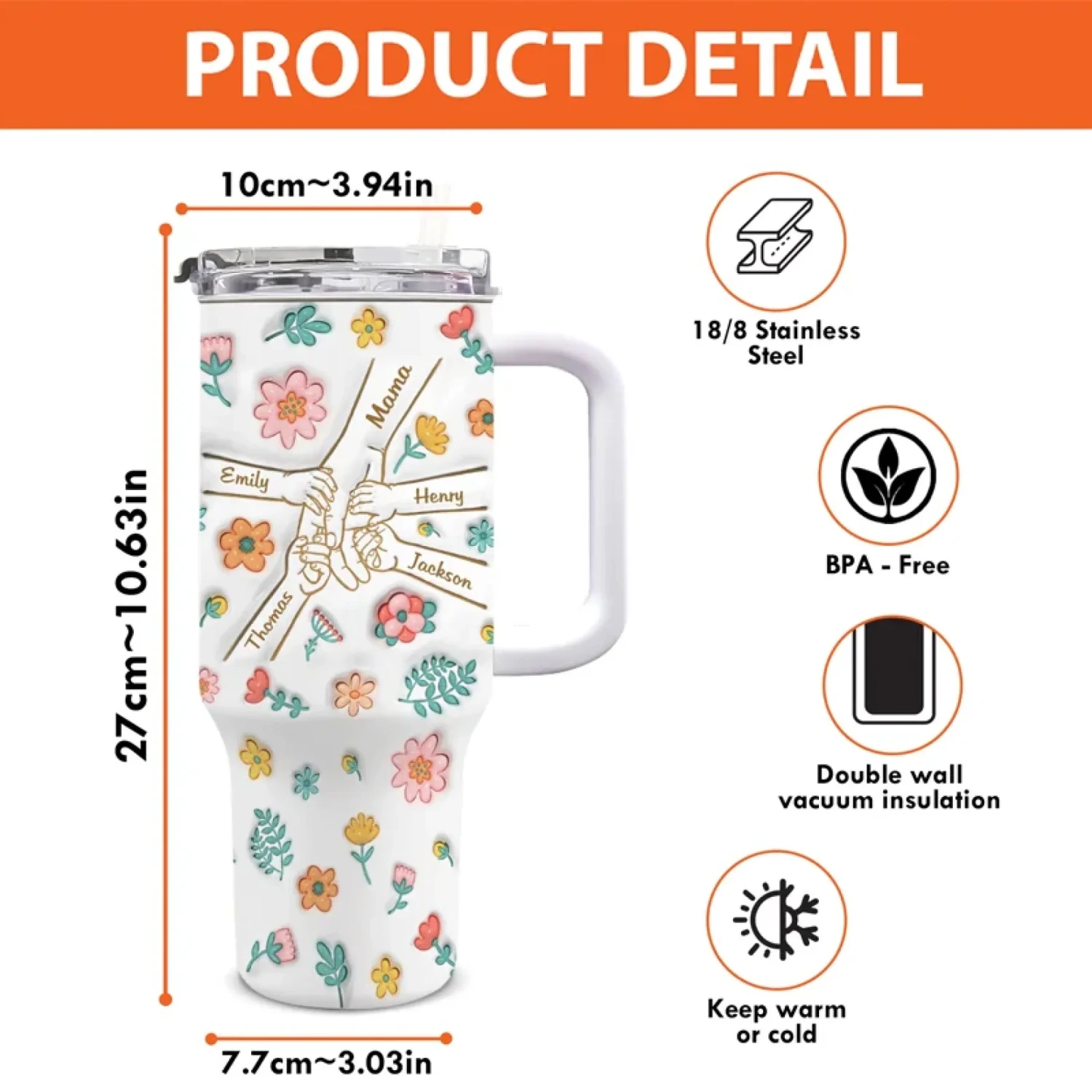 Holding Love, One Sip At A Time - Family Personalized Custom 3D Inflated Effect Printed 40 Oz Stainless Steel Tumbler With Handle - Mother's Day, Gift For Mom, Grandma 4 Holding Love, One Sip At A Time - Family Personalized Custom 3D Inflated Effect Printed 40 Oz Stainless Steel Tumbler With Handle - Mother's Day, Gift For Mom, Grandma - Image 4
