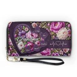 Grandma’s Heart, Where Love Always Blooms - Family Personalized Custom Leather Long Wallet - Mother's Day, Gift For Mom, Grandma