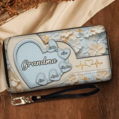 Held In Her Heart, Loved For A Lifetime - Family Personalized Custom Leather Long Wallet - Mother's Day, Gift For Mom, Grandma -Pawfect House Store 67dce8ab79129