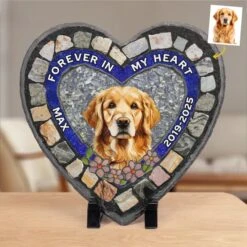 Custom Photo Forever My Furry Angel - Memorial Personalized Custom 3D Mosaic Faux Stained Glass Print Heart Shaped Stone With Stand - Sympathy Gift For Pet Owners, Pet Lovers