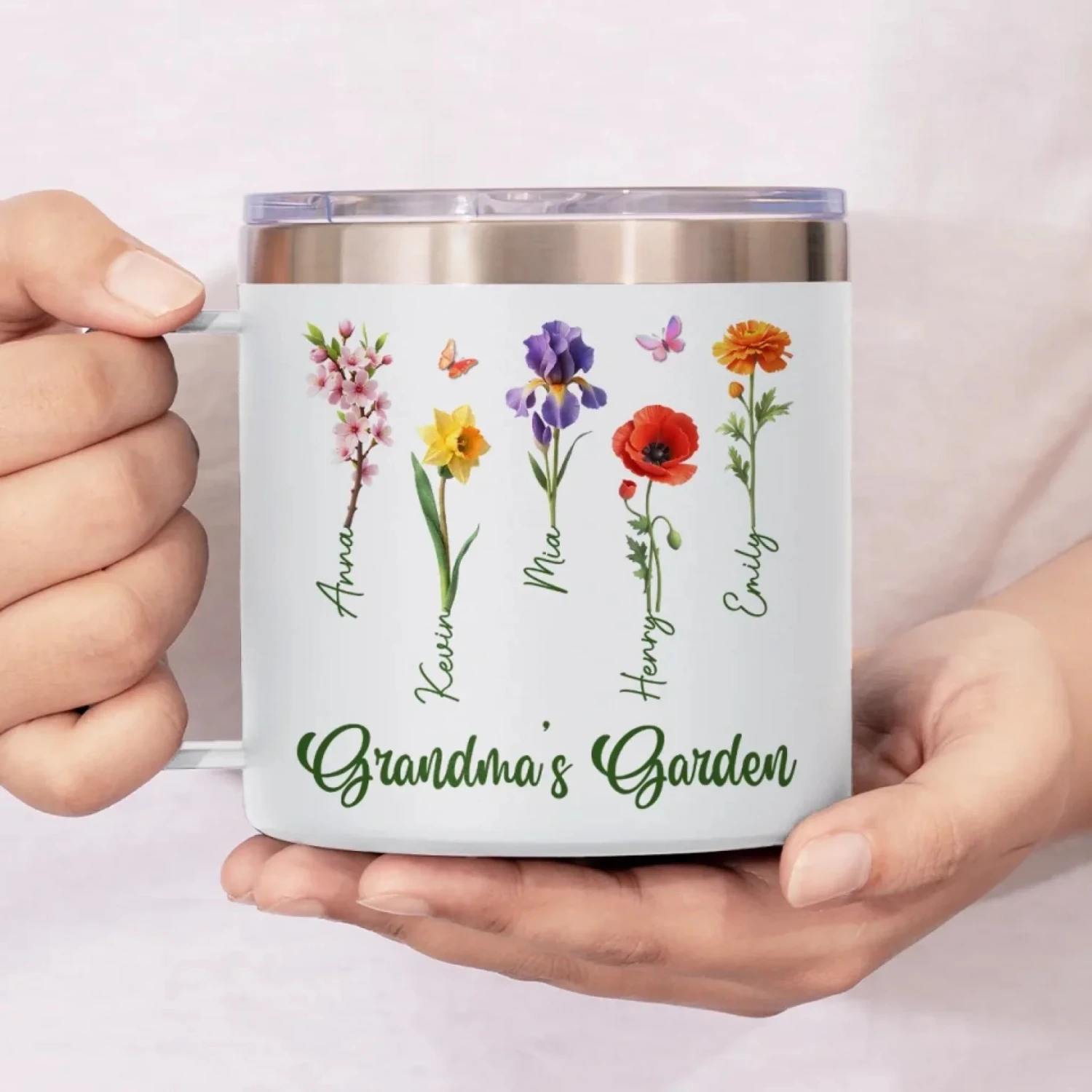 Her Garden Grows With Laughter & Little Feet - Family Personalized Custom 14oz Stainless Steel Tumbler With Handle - Mother's Day, Gift For Mom, Grandma 4 Her Garden Grows With Laughter & Little Feet - Family Personalized Custom 14oz Stainless Steel Tumbler With Handle - Mother's Day, Gift For Mom, Grandma - Image 4