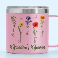 Her Garden Grows With Laughter & Little Feet - Family Personalized Custom 14oz Stainless Steel Tumbler With Handle - Mother's Day, Gift For Mom, Grandma