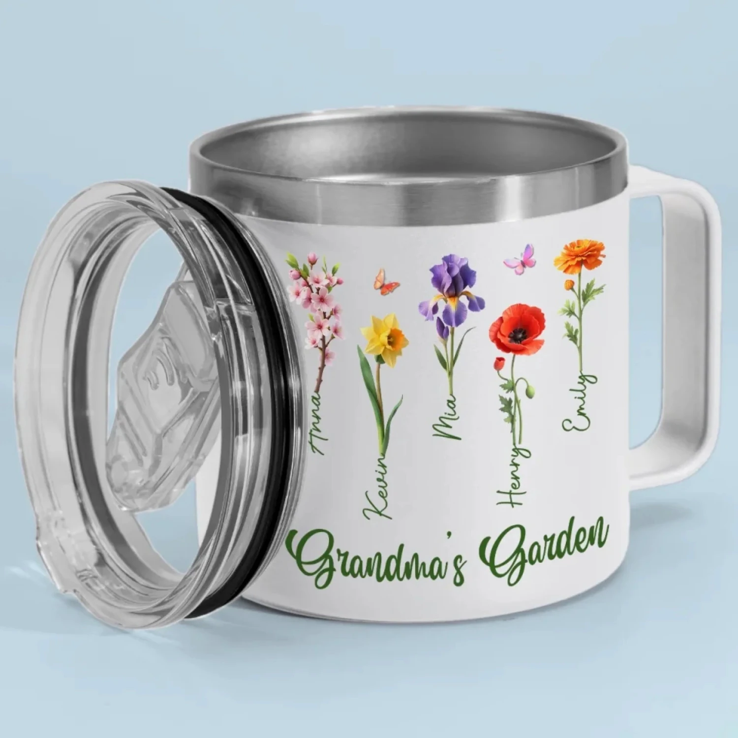 Her Garden Grows With Laughter & Little Feet - Family Personalized Custom 14oz Stainless Steel Tumbler With Handle - Mother's Day, Gift For Mom, Grandma 3 Her Garden Grows With Laughter & Little Feet - Family Personalized Custom 14oz Stainless Steel Tumbler With Handle - Mother's Day, Gift For Mom, Grandma - Image 3