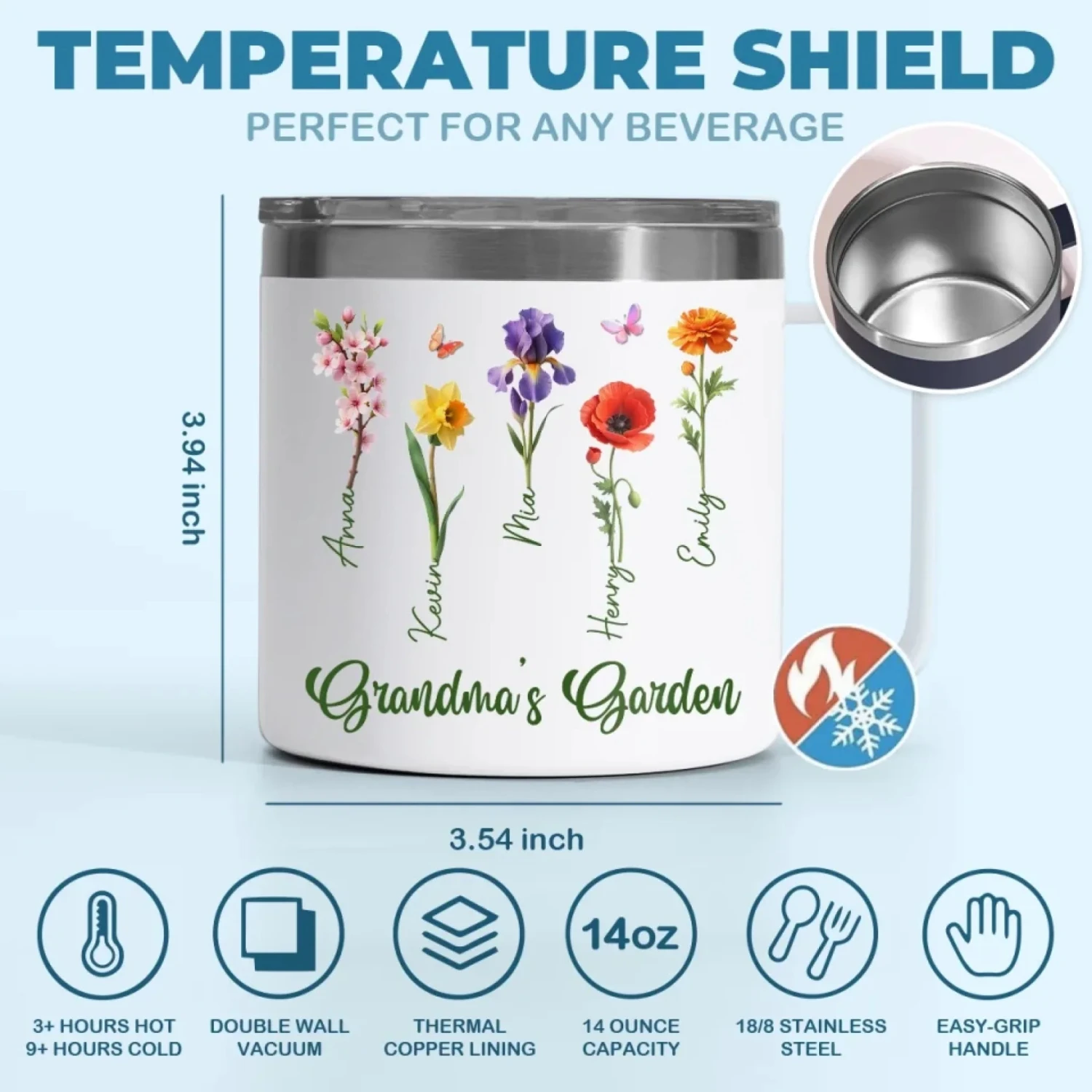 Her Garden Grows With Laughter & Little Feet - Family Personalized Custom 14oz Stainless Steel Tumbler With Handle - Mother's Day, Gift For Mom, Grandma 5 Her Garden Grows With Laughter & Little Feet - Family Personalized Custom 14oz Stainless Steel Tumbler With Handle - Mother's Day, Gift For Mom, Grandma - Image 5