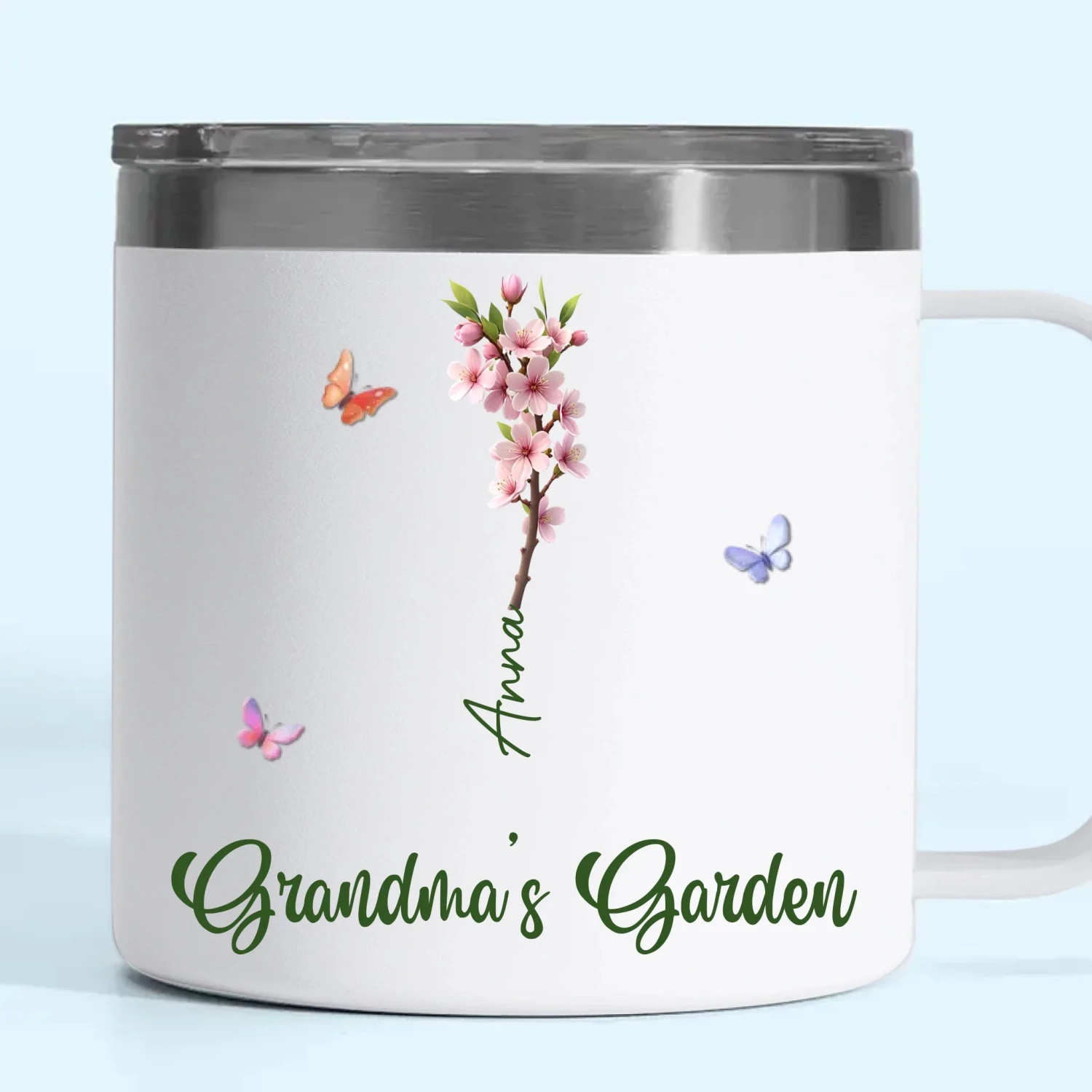 Her Garden Grows With Laughter & Little Feet - Family Personalized Custom 14oz Stainless Steel Tumbler With Handle - Mother's Day, Gift For Mom, Grandma 2 Her Garden Grows With Laughter & Little Feet - Family Personalized Custom 14oz Stainless Steel Tumbler With Handle - Mother's Day, Gift For Mom, Grandma - Image 2