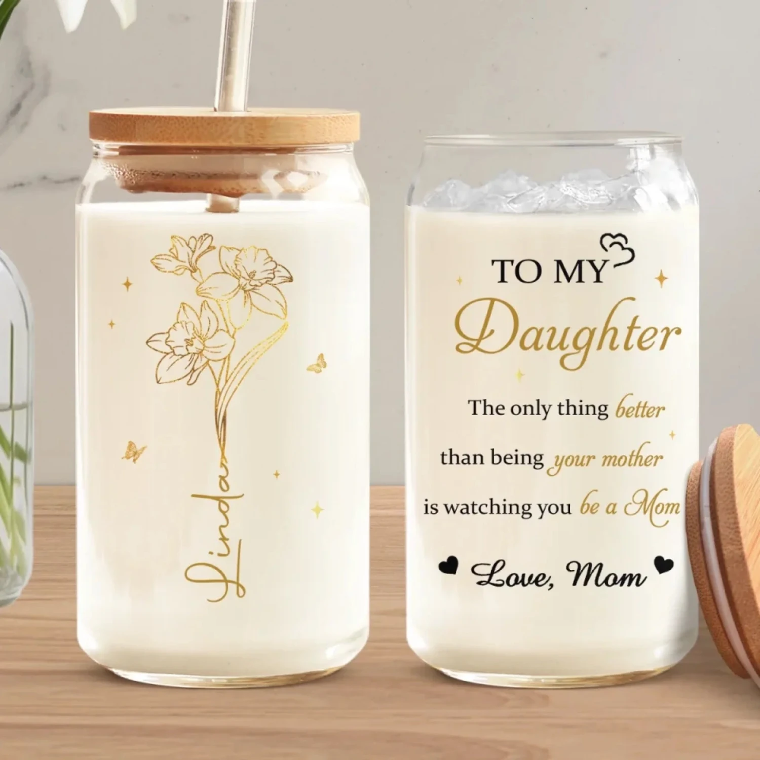 Her Love Blossoms Endlessly - Family Personalized Custom Glass Cup, Iced Coffee Cup - Mother's Day, Gift For Mom, Daughter 1 Her Love Blossoms Endlessly - Family Personalized Custom Glass Cup, Iced Coffee Cup - Mother's Day, Gift For Mom, Daughter