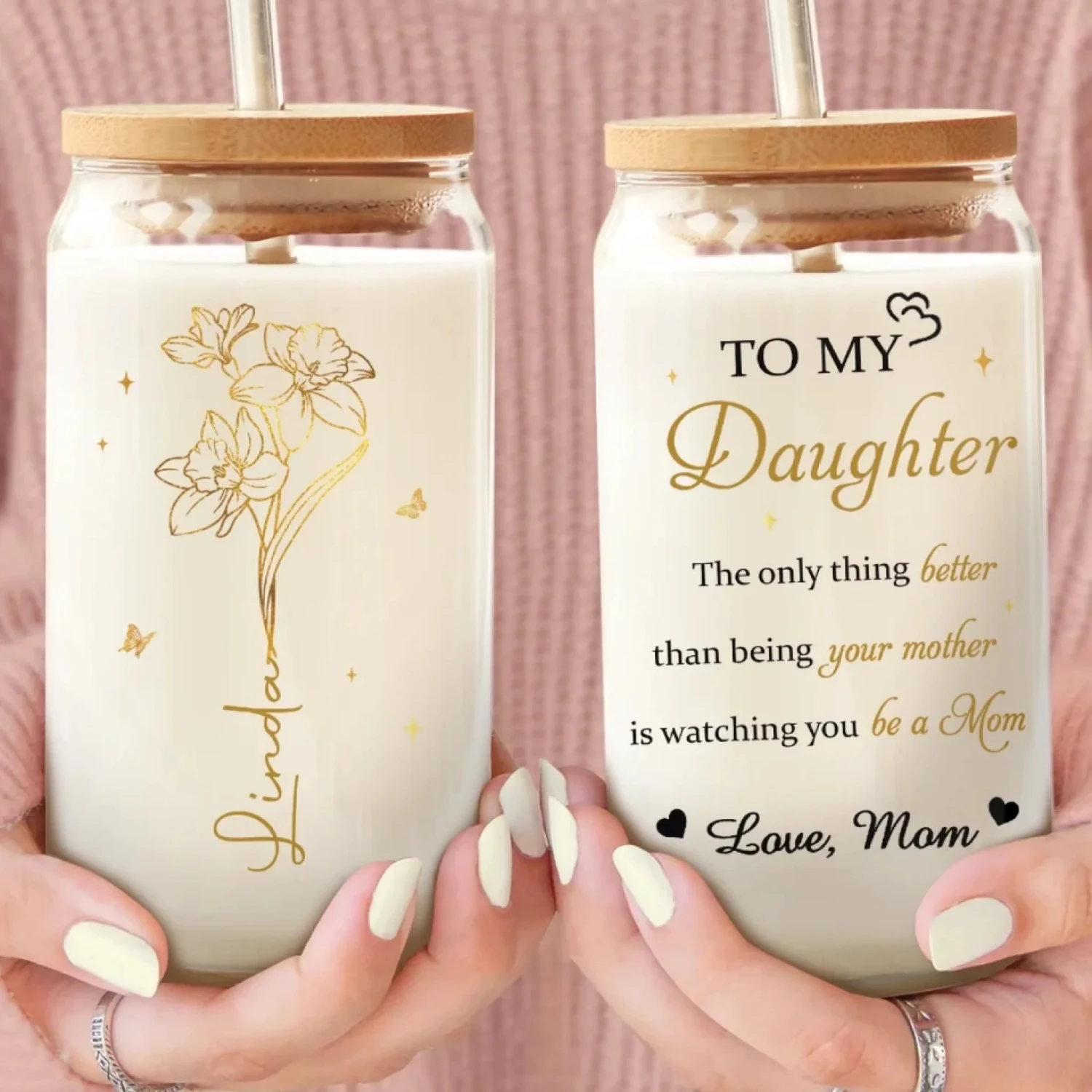 Her Love Blossoms Endlessly - Family Personalized Custom Glass Cup, Iced Coffee Cup - Mother's Day, Gift For Mom, Daughter 3 Her Love Blossoms Endlessly - Family Personalized Custom Glass Cup, Iced Coffee Cup - Mother's Day, Gift For Mom, Daughter - Image 3