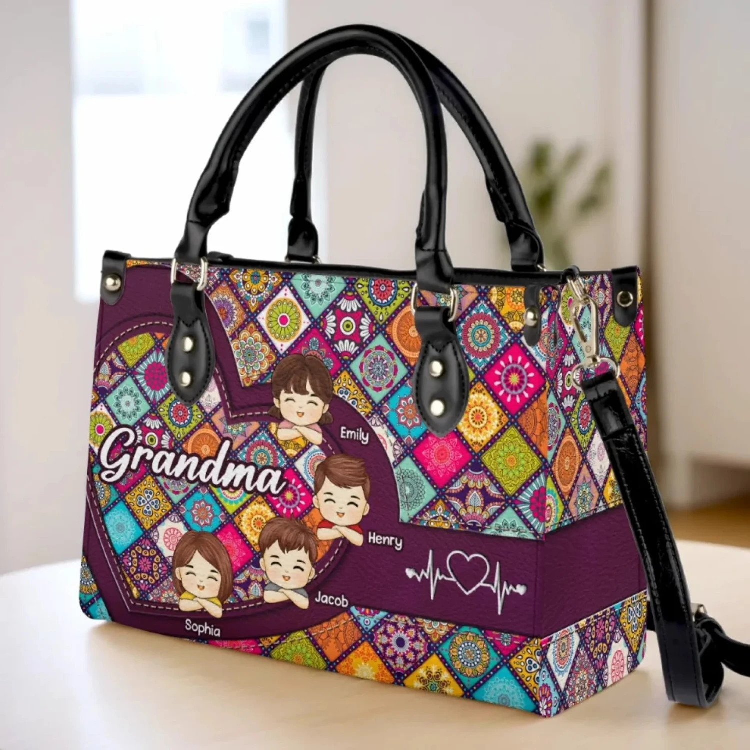 Love, Laughter, And Grandma - Family Personalized Custom Leather Handbag - Mother's Day, Gift For Mom, Grandma 3 Love, Laughter, And Grandma - Family Personalized Custom Leather Handbag - Mother's Day, Gift For Mom, Grandma - Image 3