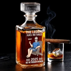 Off The Clock On The Rocks - Family Personalized Custom Glass Whiskey Bottle - Father's Day, Gift For Dad, Grandpa