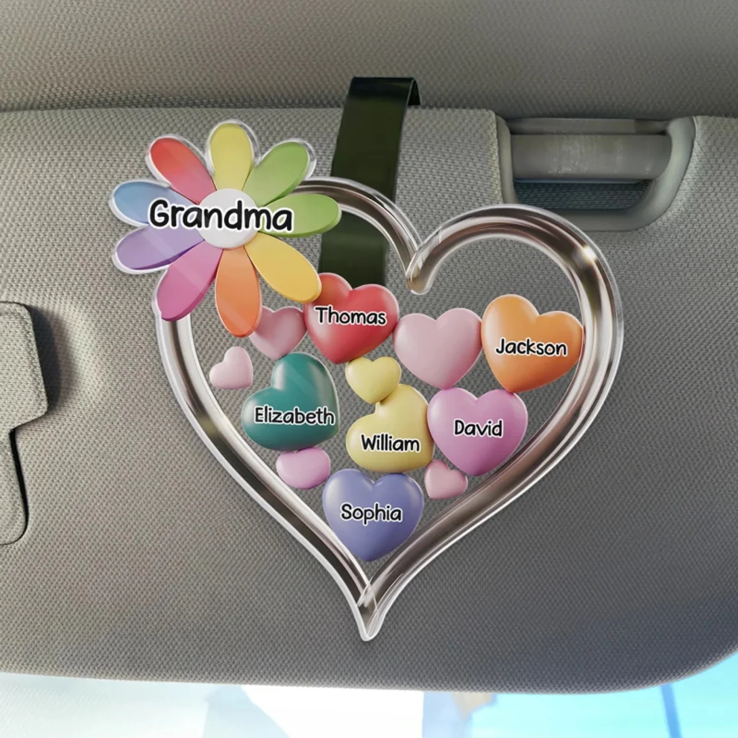 Love Grows Here - Family Personalized Custom Acrylic Car Visor Clip - Mother's Day, Gift For Mom, Grandma 1 Love Grows Here - Family Personalized Custom Acrylic Car Visor Clip - Mother's Day, Gift For Mom, Grandma