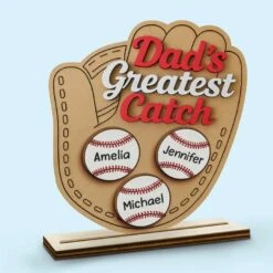 Dad's Greatest Catch - Family Personalized Custom Shaped 2-Layered Wooden Plaque With Flat Stand - Father's Day, House Warming Gift For Dad, Sport Lovers, Sport Players