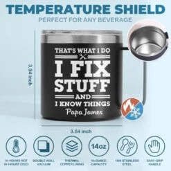 Fixing Since Forever, Complaining Since Never - Family Personalized Custom 14oz Stainless Steel Tumbler With Handle - Father's Day, Gift For Dad, Grandpa -Pawfect House Store 68087385af1b9