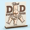 Behind Every Tiny Fist Is A Big Love For Dad - Family Personalized Custom Shaped 2-Layered Wooden Plaque With Flat Stand - Father's Day, House Warming Gift For Dad