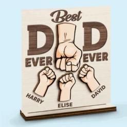 Behind Every Tiny Fist Is A Big Love For Dad - Family Personalized Custom Shaped 2-Layered Wooden Plaque With Flat Stand - Father's Day, House Warming Gift For Dad