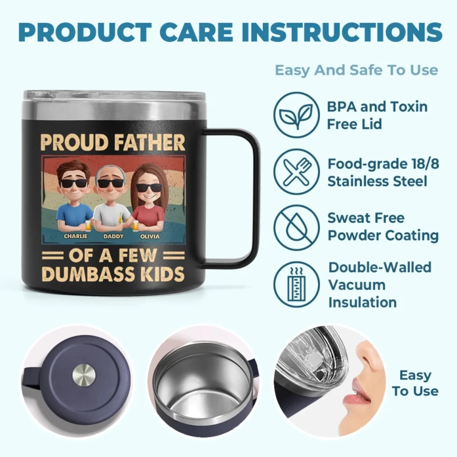 Proud Father Of A Few Dumbass Kids - Family Personalized Custom 14oz Stainless Steel Tumbler With Handle - Father's Day, Gift For Dad, Grandpa 6 Proud Father Of A Few Dumbass Kids - Family Personalized Custom 14oz Stainless Steel Tumbler With Handle - Father's Day, Gift For Dad, Grandpa - Image 6