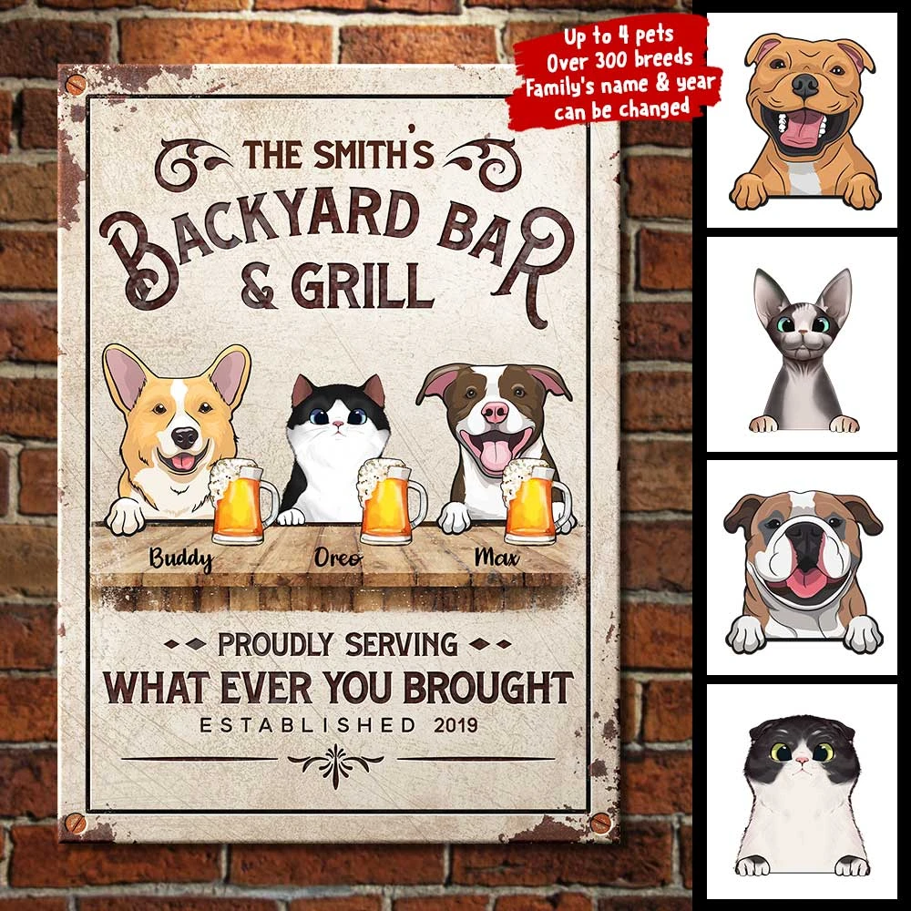 Backyard Bar & Grill With Cats And Dogs - Personalized Metal Sign 2 Backyard Bar & Grill With Cats And Dogs - Personalized Metal Sign - Image 2