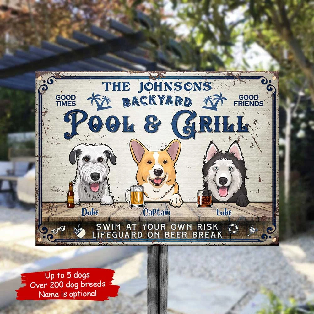 Backyard Pool & Grill - Funny Personalized Dog Metal Sign 1 Backyard Pool & Grill - Funny Personalized Dog Metal Sign