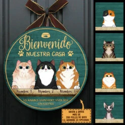 Bienvenido A Mi Casa - Letrero De Puerta De Gato Personalizado Y Divertido, Funny Personalized Cat Door Sign Spanish